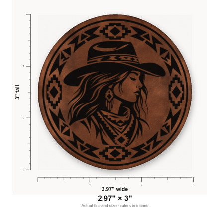 Western Tribal Cowgirl – Leatherette Morale Patch — size guide
