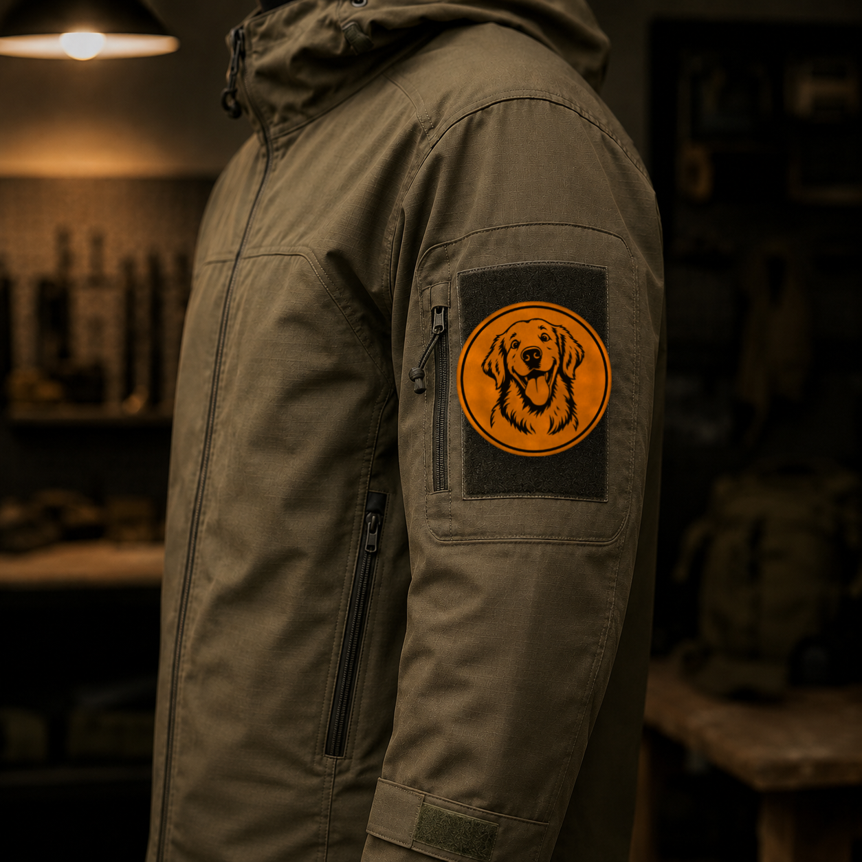 Goofy Golden Retriever – Leatherette Morale Patch — in use