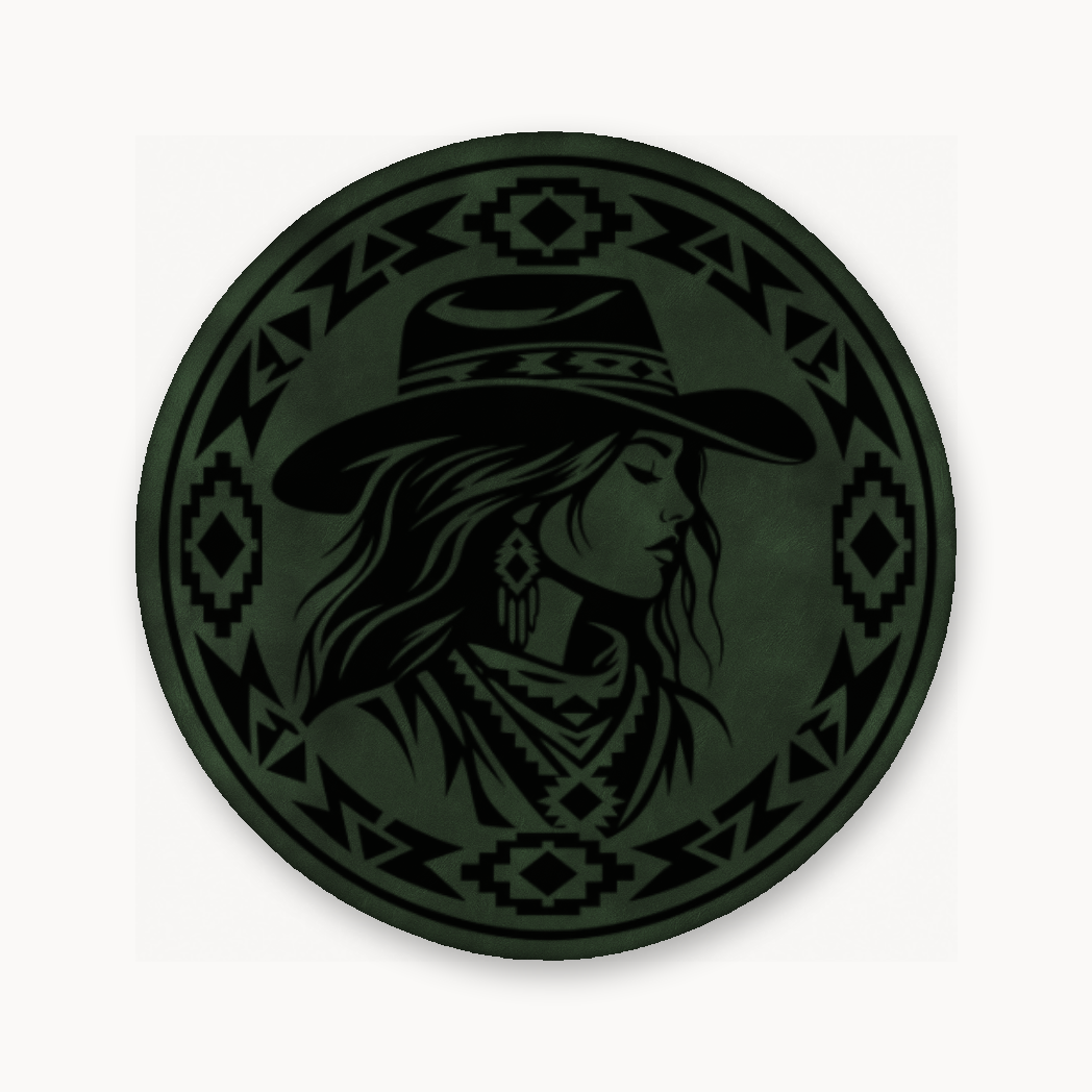 Western Tribal Cowgirl – Leatherette Morale Patch — Dark Saddle Green