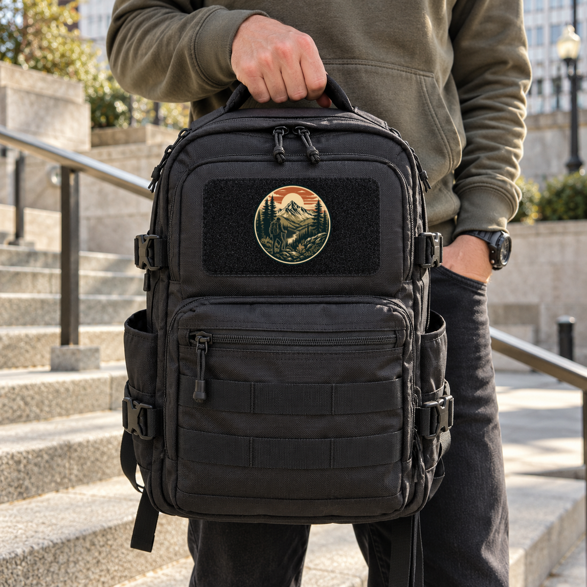 Vintage Mountain Hiker – Leatherette Morale Patch — in use