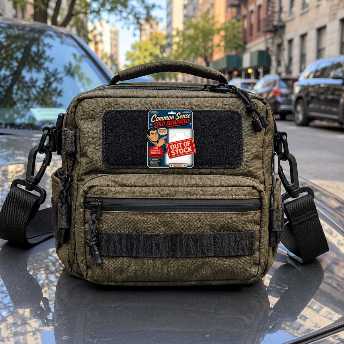 Common Sense Sold Separately – Leatherette Morale Patch — in use