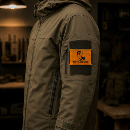 Don’t Flock On Me Surveillance Sign – Leatherette Morale Patch — in use