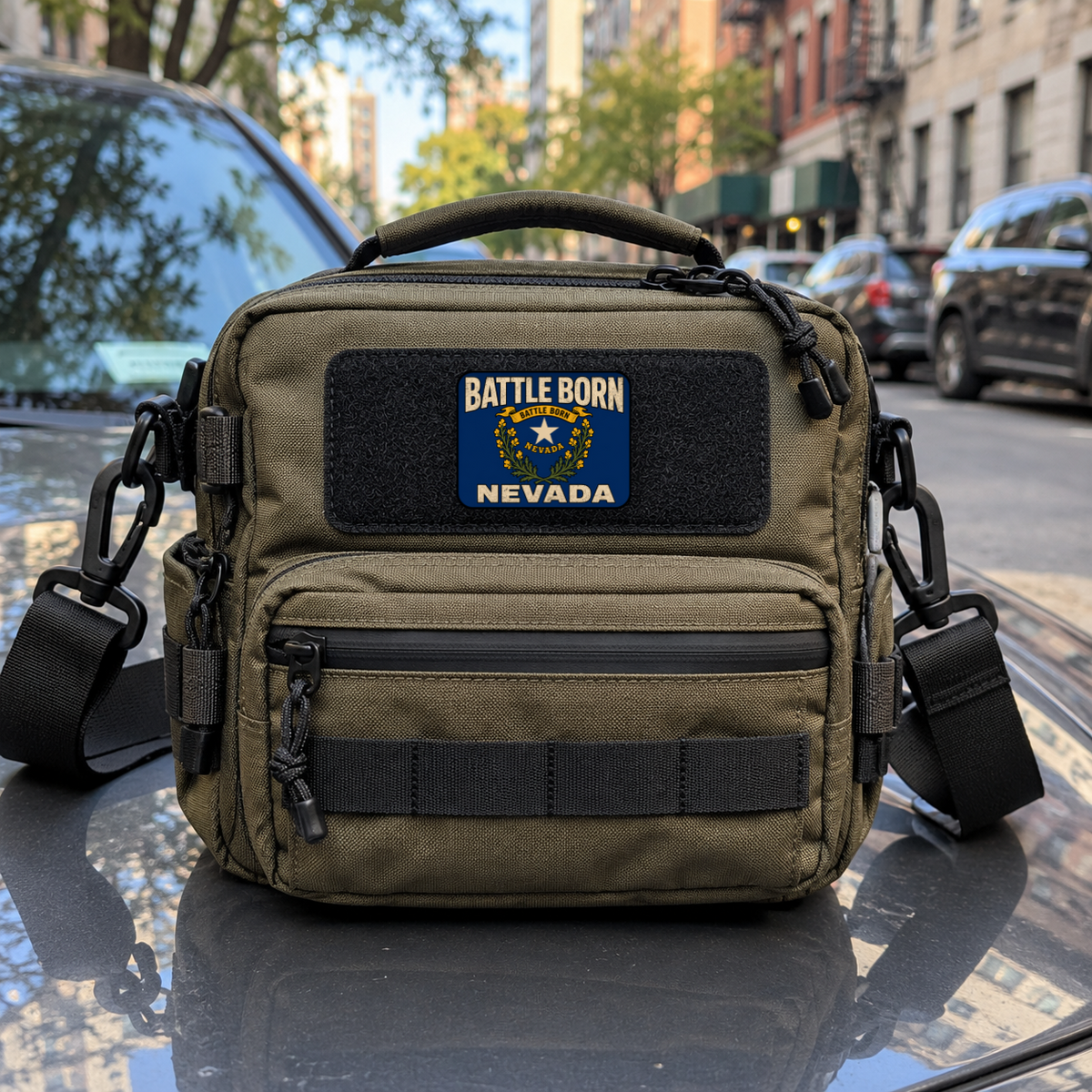 Battle Born Nevada – Leatherette Morale Patch — in use