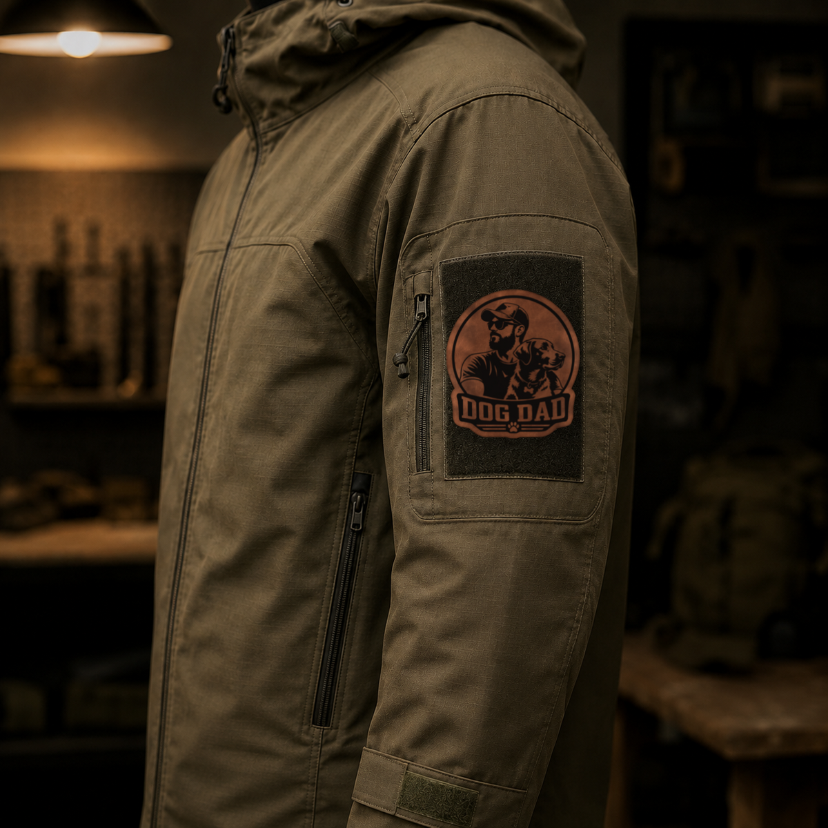 Dog Dad Style 1 – Leatherette Morale Patch — in use