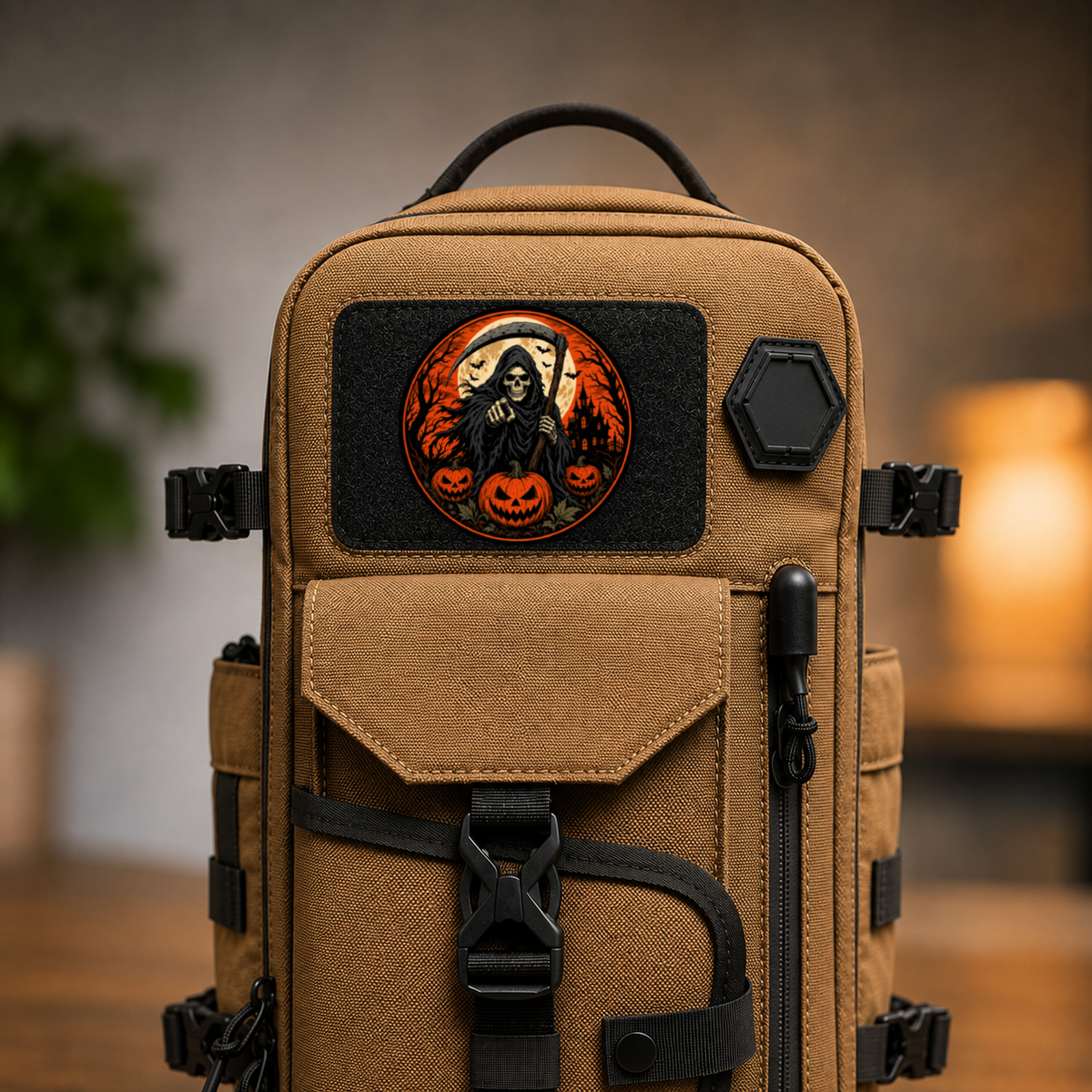 Halloween Reaper & Pumpkins – Leatherette Morale Patch — in use