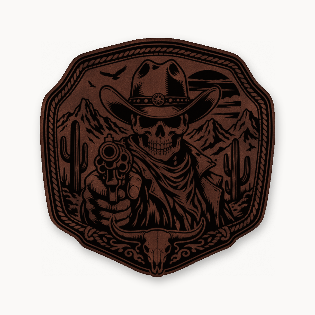 Western Skull Cowboy Revolver Buckle – Leatherette Morale Patch — Dark Saddle Brown