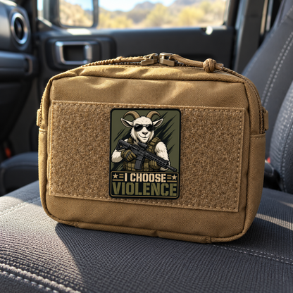 I Choose Violence Goat – Leatherette Morale Patch — in use