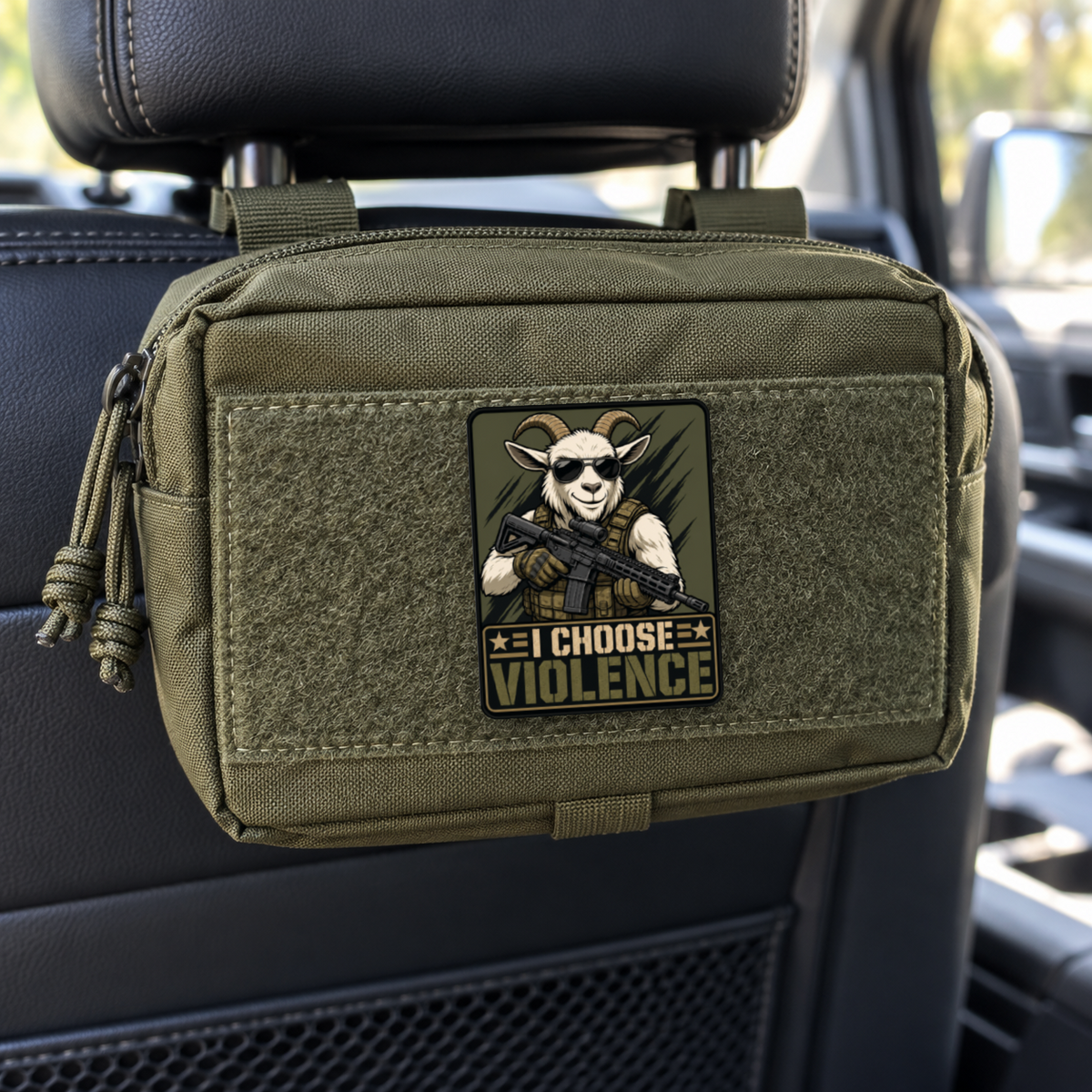 I Choose Violence Goat – Leatherette Morale Patch — in use