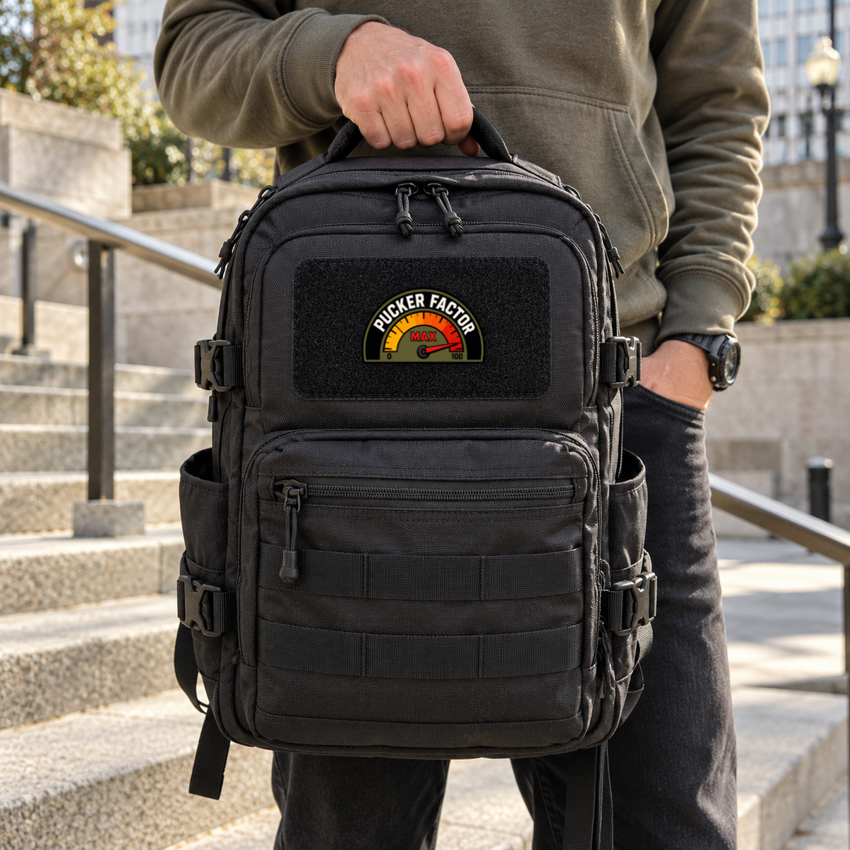 Max Pucker Factor – Leatherette Morale Patch — in use