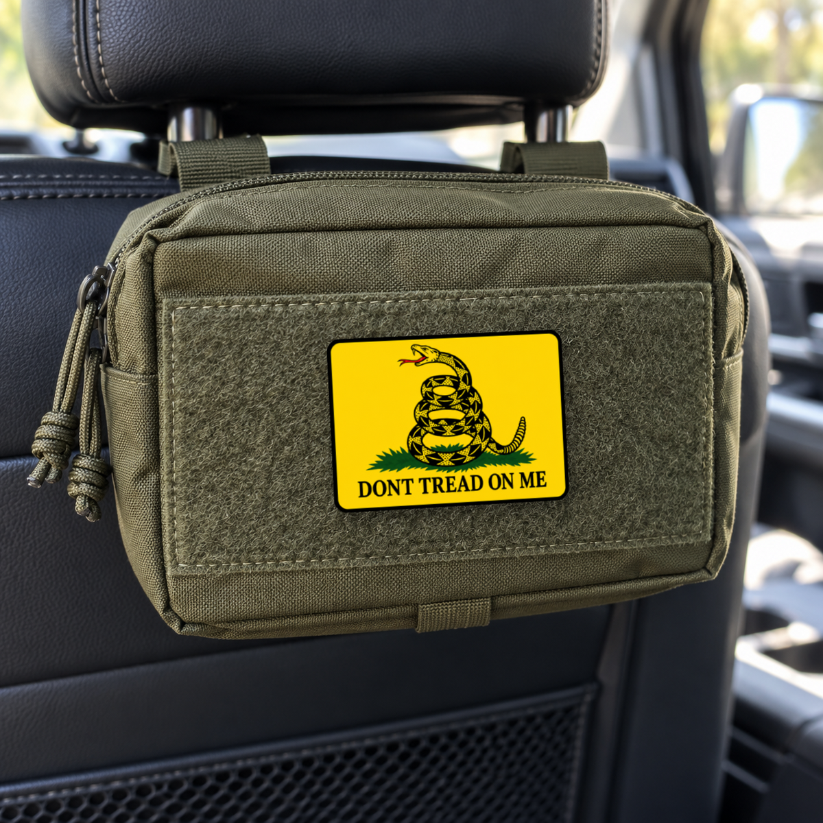 Don't Tread On Me Color – Leatherette Morale Patch — in use