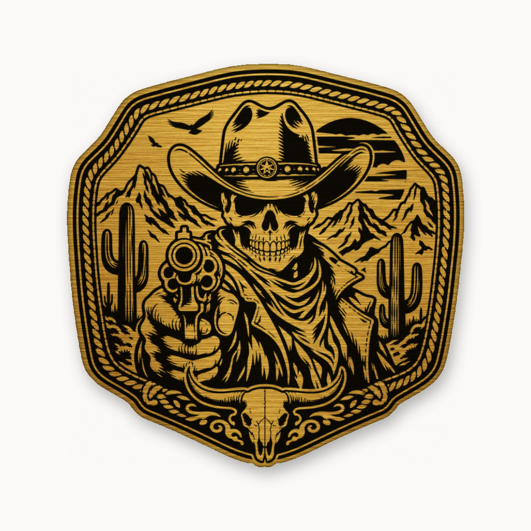 Western Skull Cowboy Revolver Buckle – Leatherette Morale Patch — Gold
