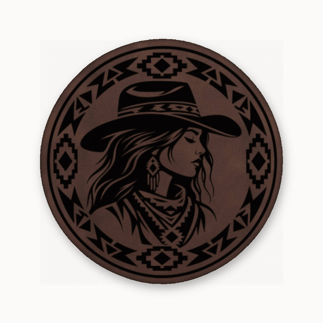 Western Tribal Cowgirl – Leatherette Morale Patch — Classic Light Brown
