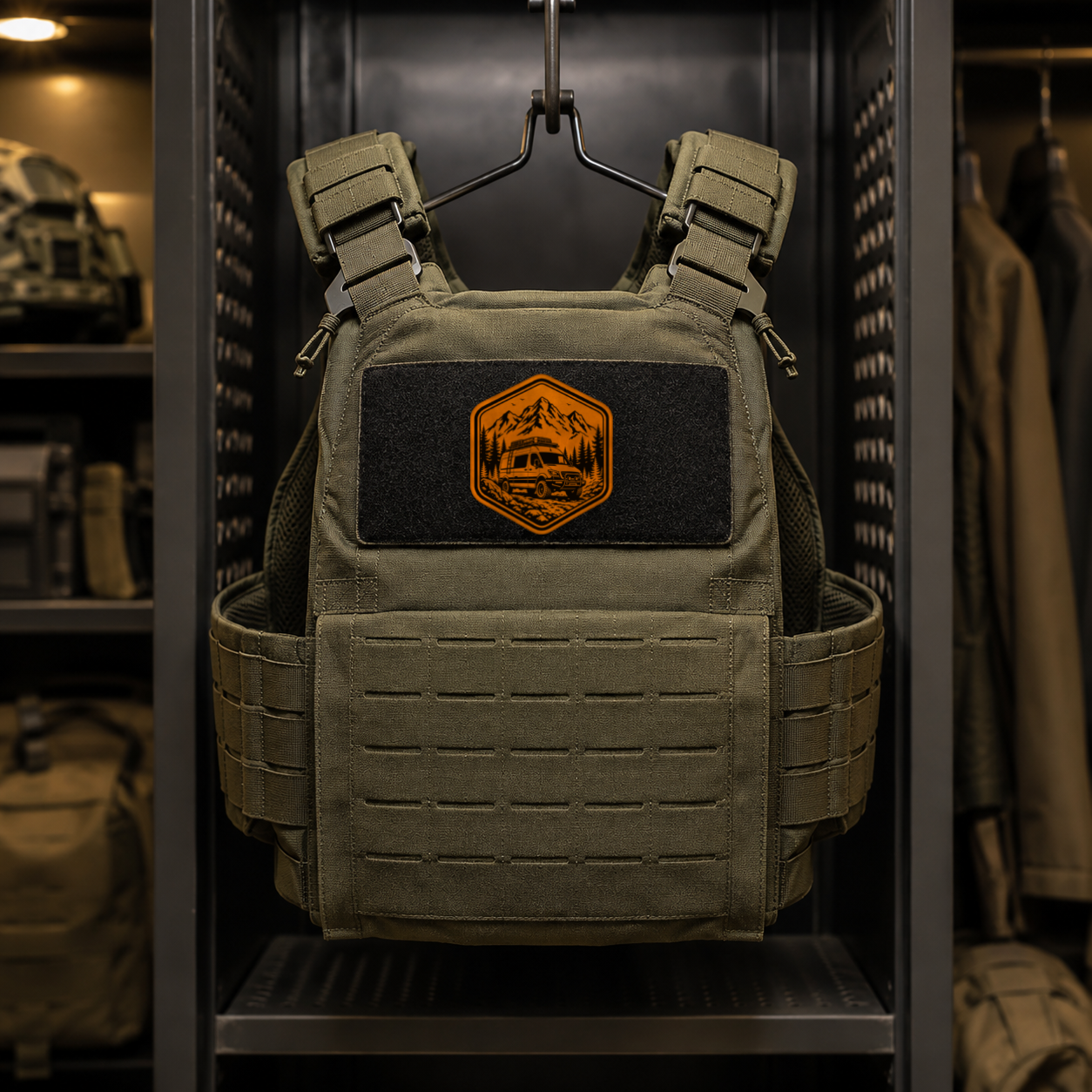 Overlanding Van Life – Leatherette Morale Patch — in use