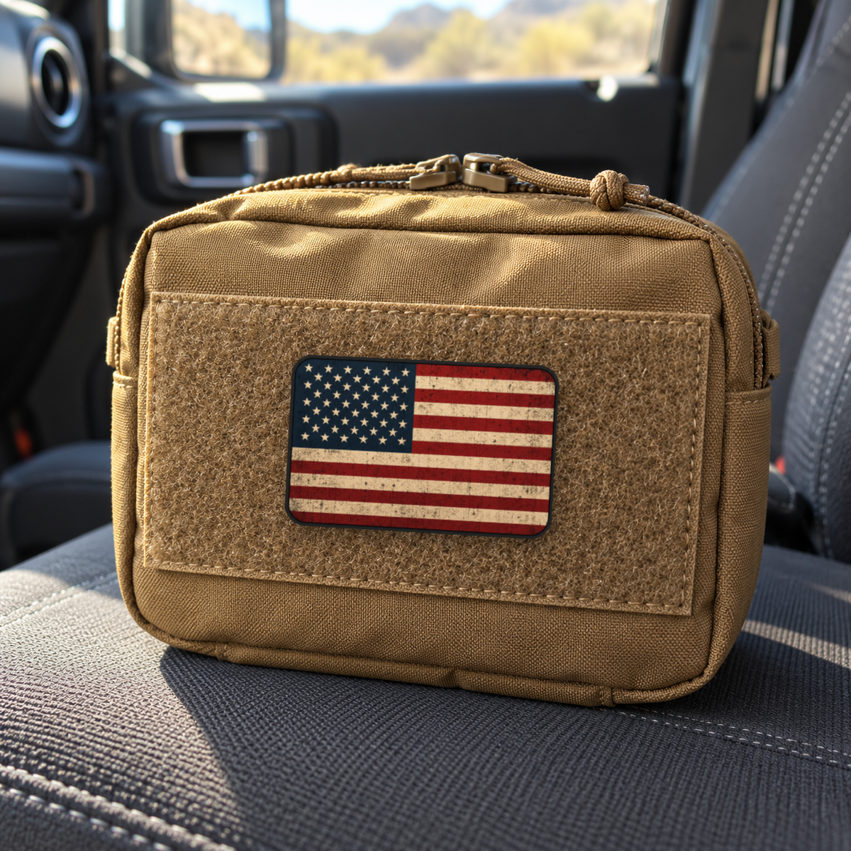 Distressed US Flag – Leatherette Morale Patch — in use