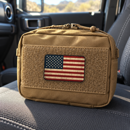 Distressed US Flag – Leatherette Morale Patch — in use