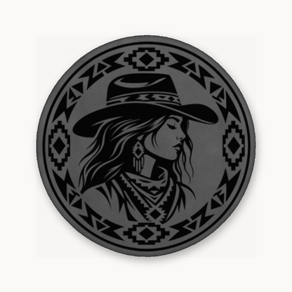 Western Tribal Cowgirl – Leatherette Morale Patch — Classic Gray
