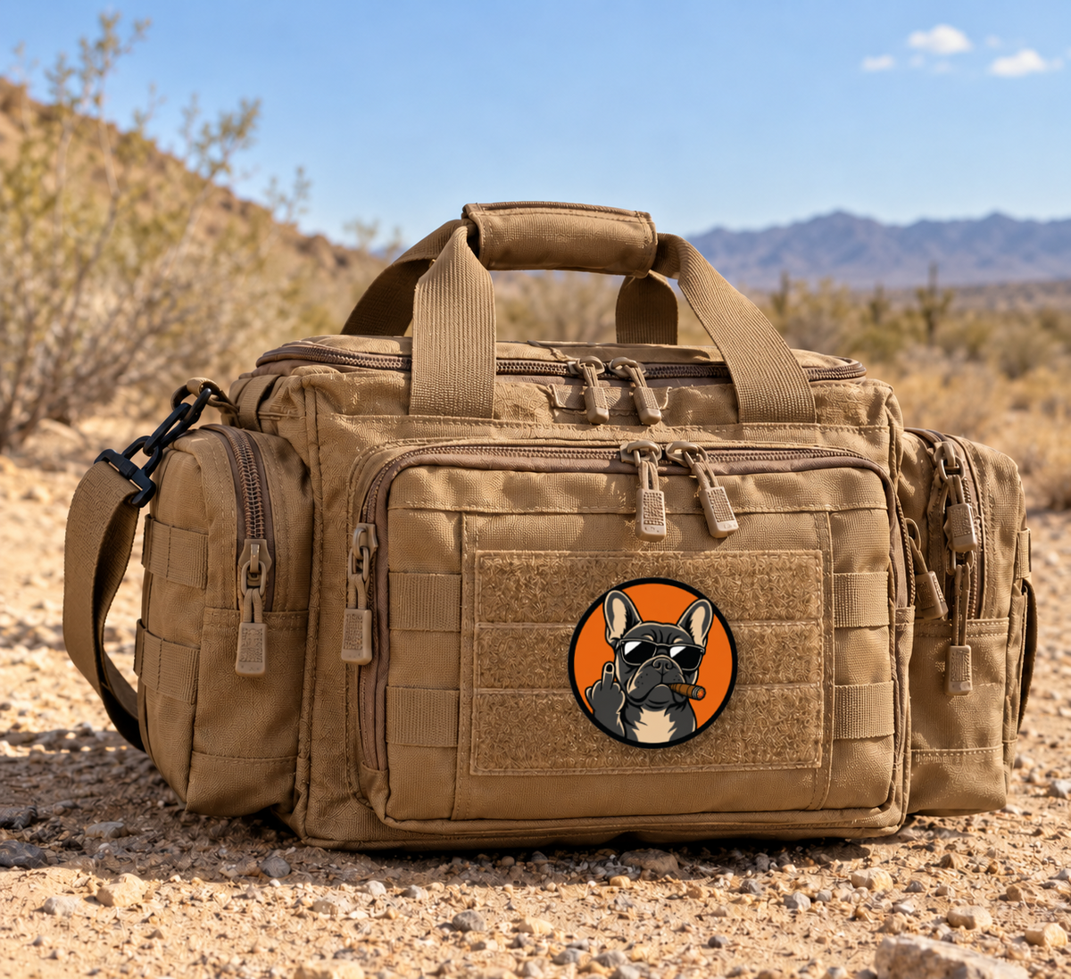 Cigar Frenchie Doesn't Care – Leatherette Morale Patch — in use