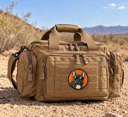 Cigar Frenchie Doesn't Care – Leatherette Morale Patch — in use