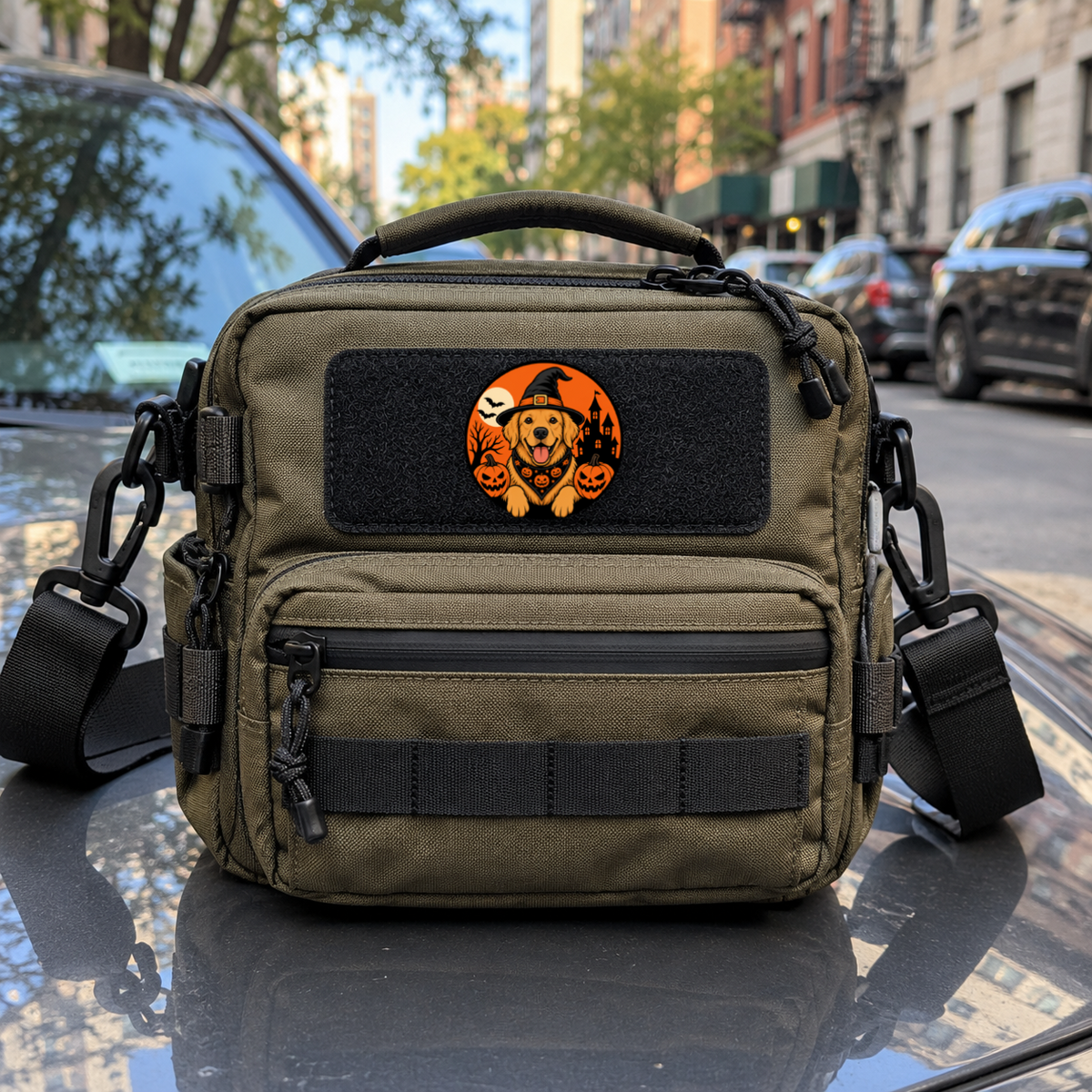 Halloween Golden Retriever – Leatherette Morale Patch — in use