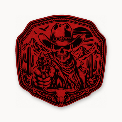 Western Skull Cowboy Revolver Buckle – Leatherette Morale Patch — Classic Red