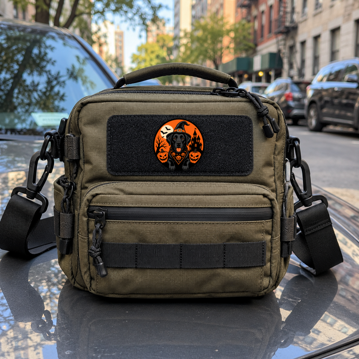 Halloween Labrador – Leatherette Morale Patch — in use