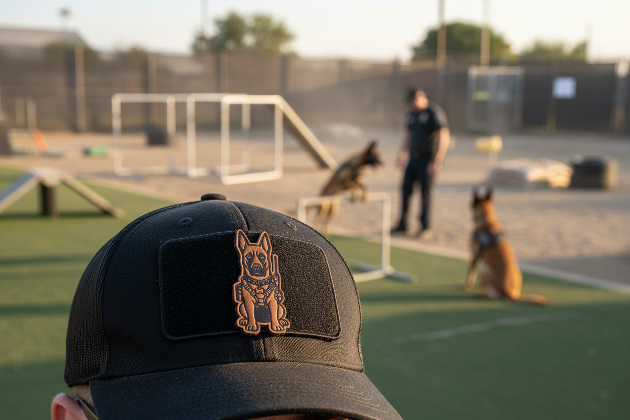 Tactical Belgian Malinois Patch on tactical hat at K9 training facility