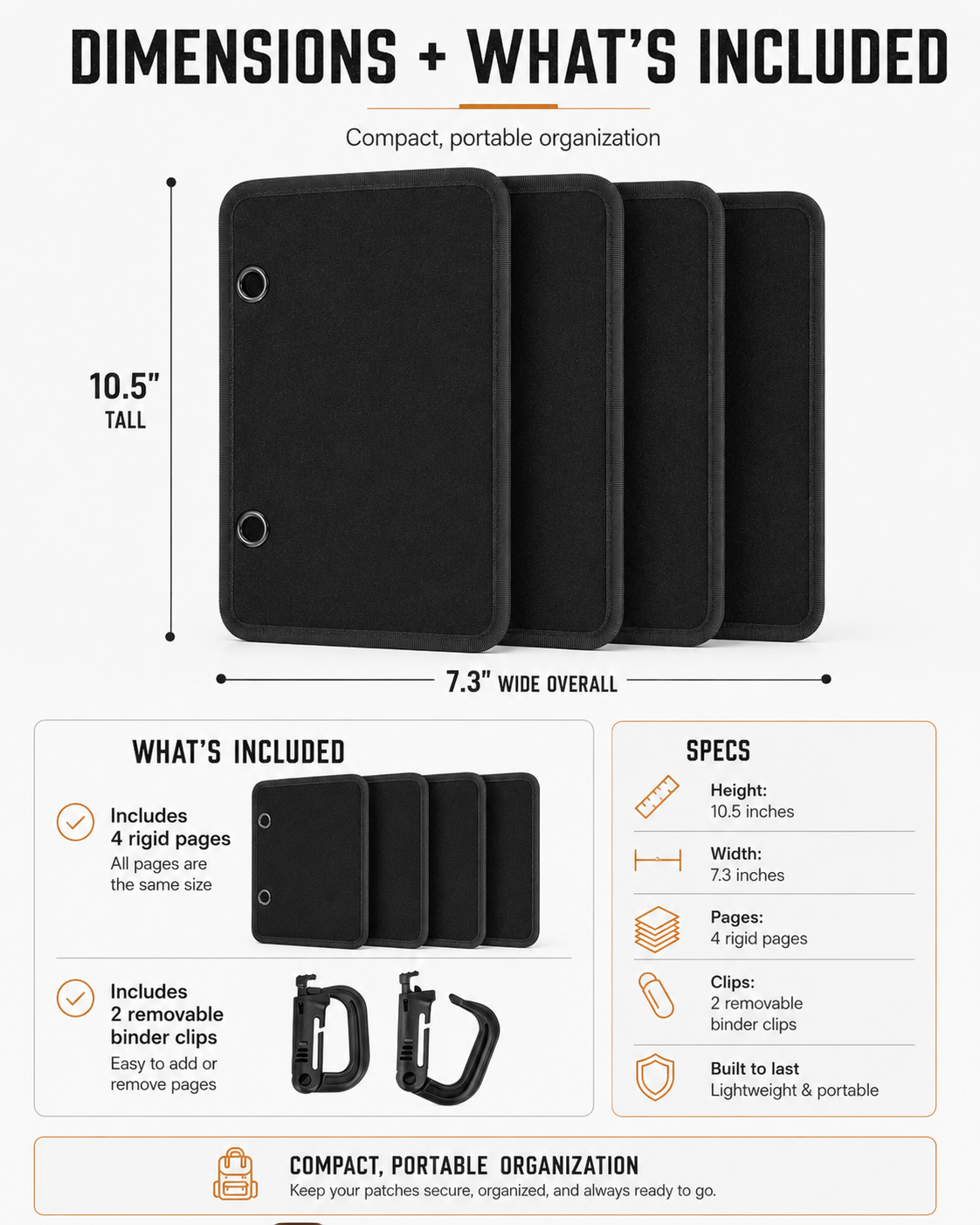 Patch display binder dimensions and included four pages and two binder clips