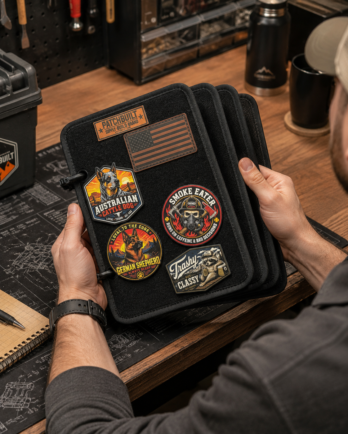 Patch display binder held over a workbench with patches attached