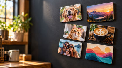 Concept illustration of personalized photo magnets featuring pets and family photos
